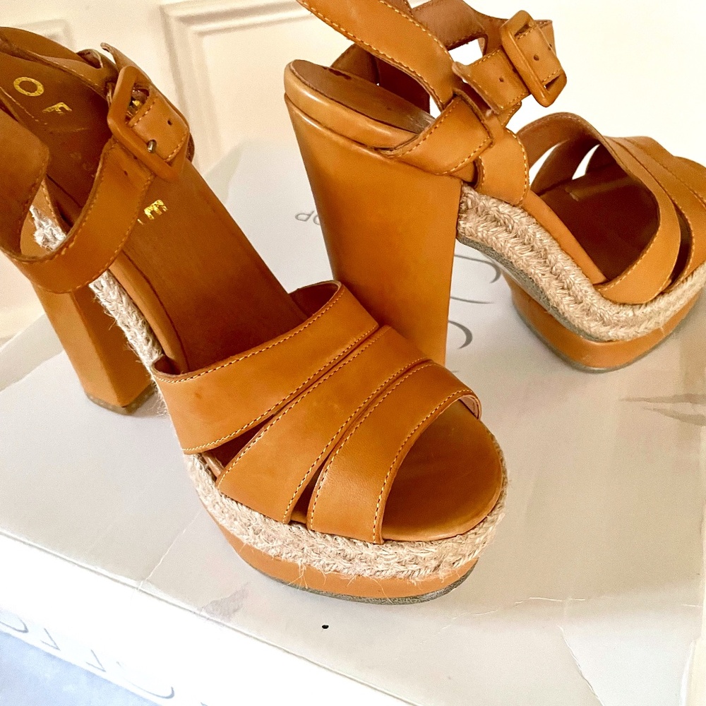OFFICE LONDON REAL LEATHER HEEL PLATFORM SANDALS SIZE 7 TAN/MUSTARD EXC CONDITON